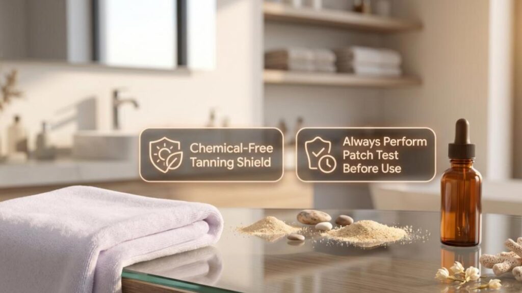 A face towel and a sunscreen bottle on a modern desk representing natural skincare protection after face pack rinse.