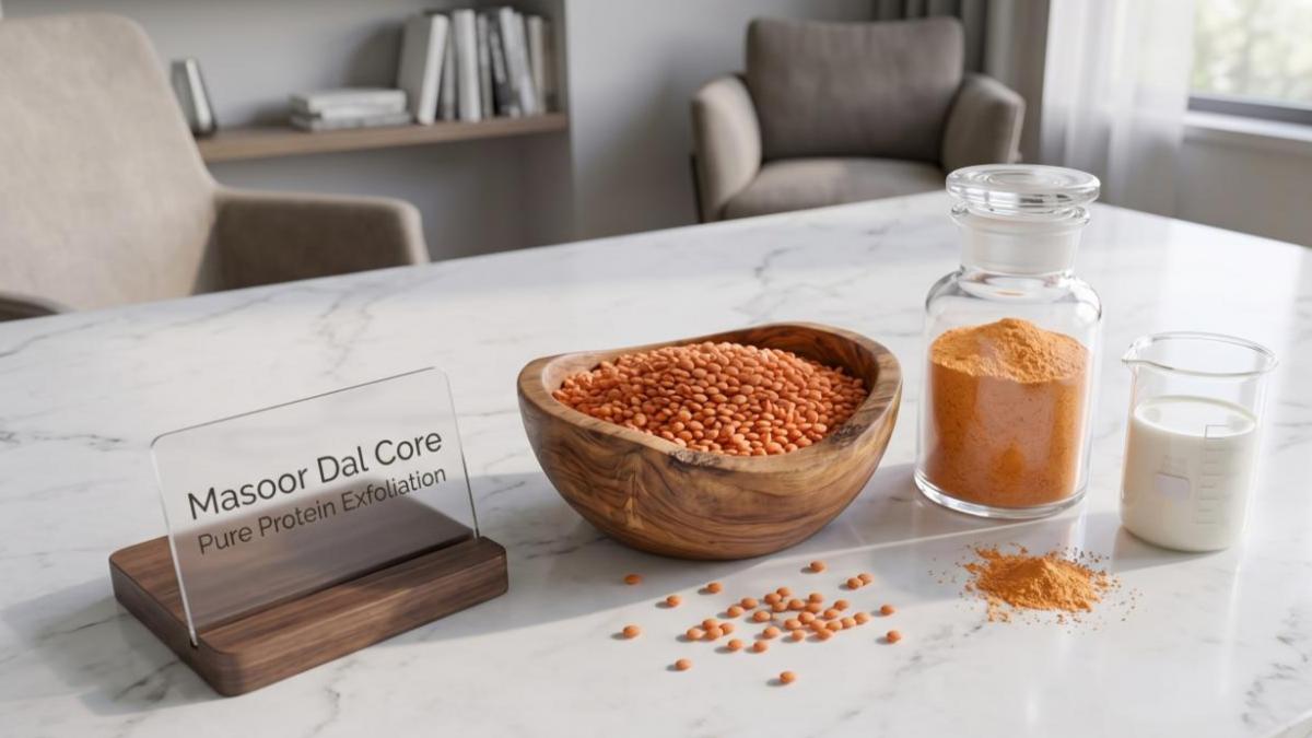 Raw red lentils and a jar of finely ground masoor dal powder arranged on a stylish desk representing organic skincare ingredients.