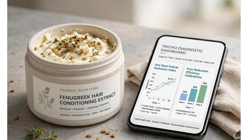 A jar of Hair Spa Cream At Home base on a desk next to a digital screen displaying hair shaft cuticle texture health tracking parameters.