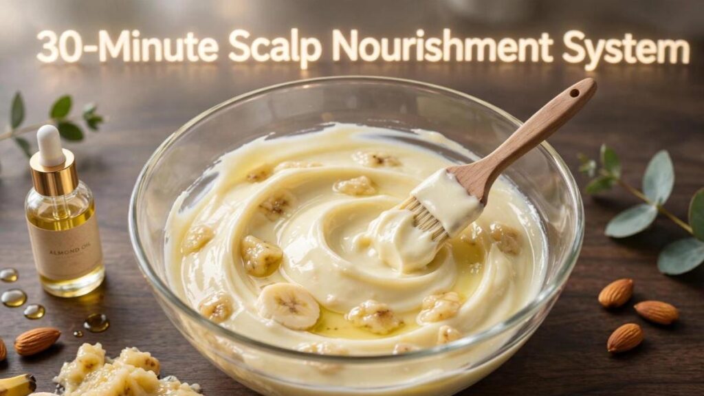 Mixing a banana and almond oil hair spa mask mixture in a glass bowl on a dark wood desk workspace.