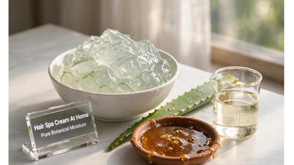 Aloe vera gel, honey, and coconut oil arranged on a stylish desk representing homemade hair spa cream ingredients.