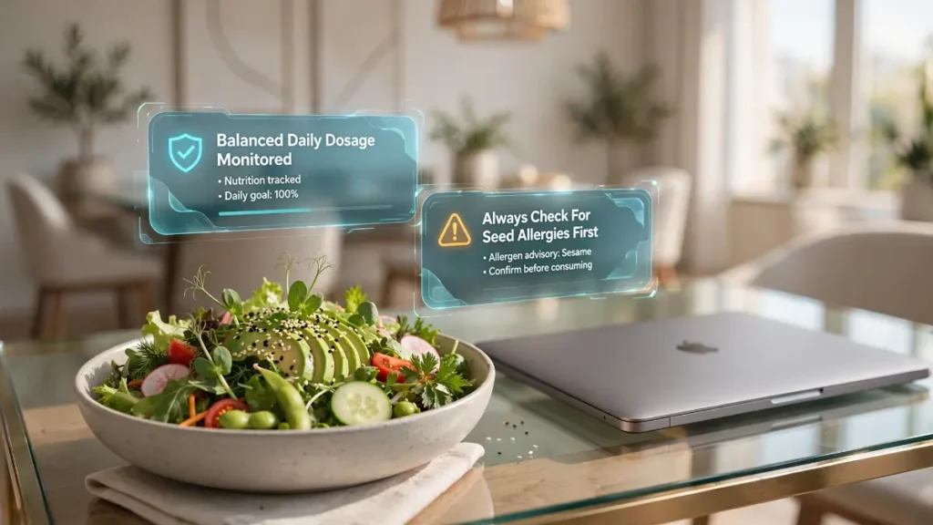 A garnished green salad plate on a modern desk representing balanced lifestyle inclusion and allergy guidelines for sesame seed diets.