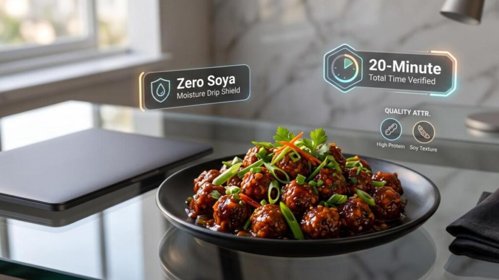 A premium serving layout of hot crispy soya manchurian garnished with green scallions on a modern stylish desk workspace.
