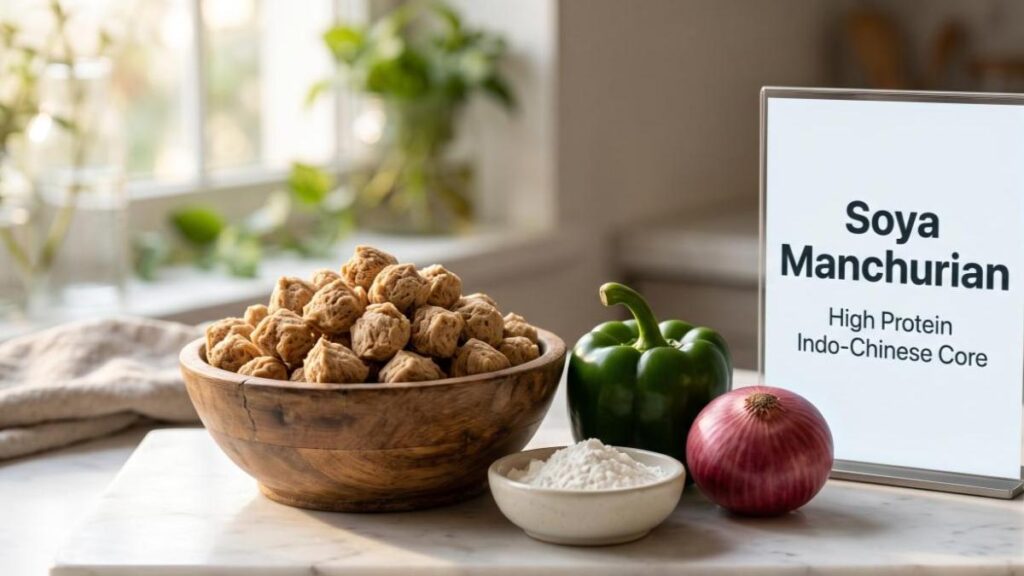 Soya chunks, cornflour, and fresh vegetables arranged on a stylish desk representing homemade soya manchurian ingredients.